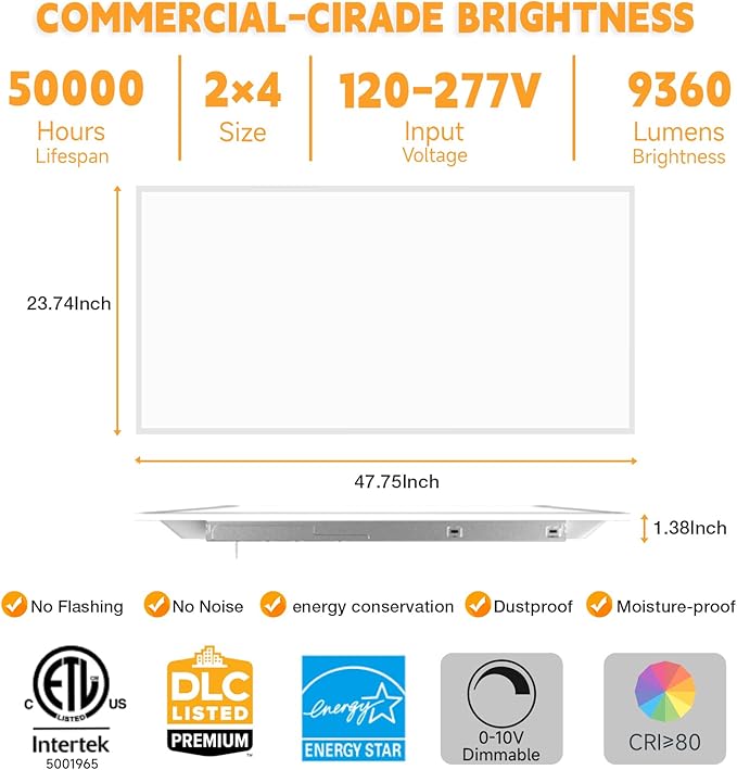 OKQ 2x4 LED Flat Panel Light Drop Ceiling Office Fixture, 5 CCT 3000K-6500K Adjustable & 5 Wattage Selectable,0-10V Dimmable, 2X4 LED Flush Mount Ceiling Light, ETL Listed 40Pack
