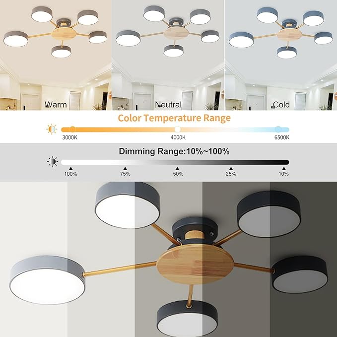 5-Lights LED Ceiling Light Fixture,32 Inch Modern Ceiling Lights Flush Mount Wooden 40W Dimmable Chandelier for Living Room Bedroom Kitchen,3000K/4000K/6000K Grey
