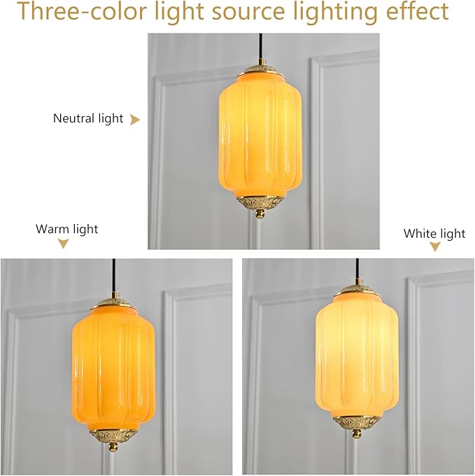 Milk Glass Pendant Light, 5.5 Inch Yellow Adjustable Cord Hanging Lamp, Dimmable E26 Base Vintage Pendant Light Fixture for Bedroom Bathroom Entryway