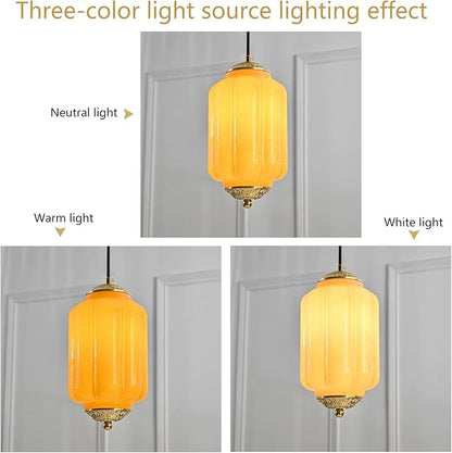 Milk Glass Pendant Light, 5.5 Inch Yellow Adjustable Cord Hanging Lamp, Dimmable E26 Base Vintage Pendant Light Fixture for Bedroom Bathroom Entryway