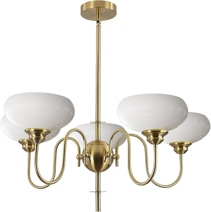 BOKT Modern Chandelier for Living Room, Mid Century Gold Chandelier for Dining Room, Vintage Milk Glass Globe Chandeliers for Different Ceilings