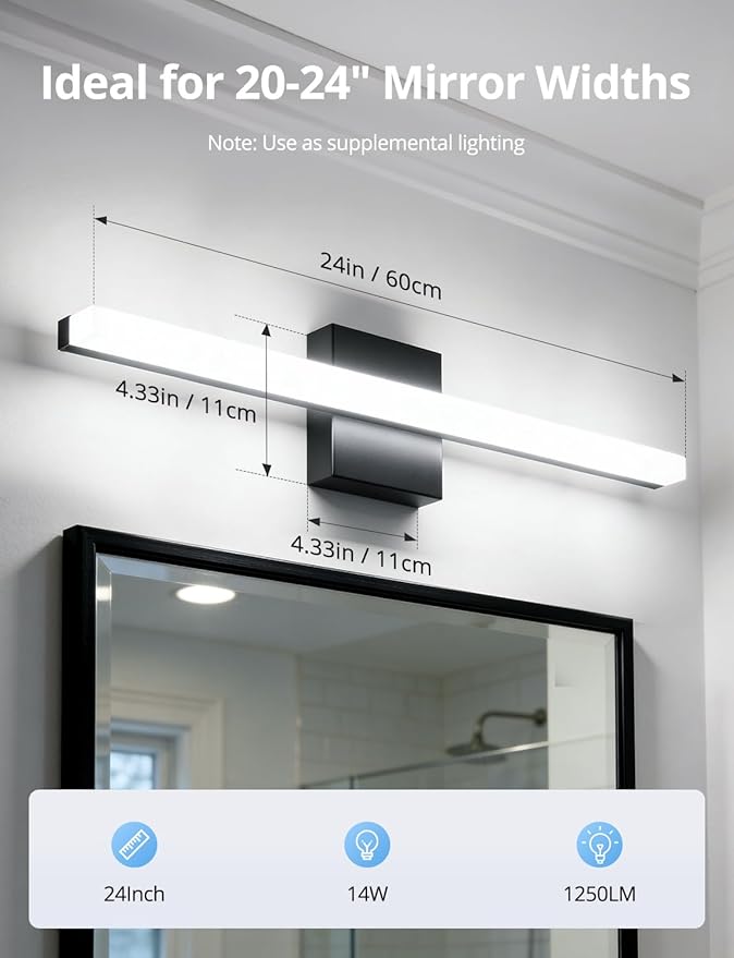 Combuh LED Bathroom Light Fixtures Over Mirror 24 Inch 14W, Black Vanity Lights Bar for Bathroom, Modern IP44 Wall Sconce Cool White 6000K