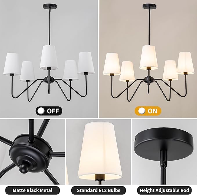 Modern Chandelier for Dining Room, 5-Light Farmhouse Pendat Light Fixture with White Fabric Shade,Black Hanging Light Fixture Over Table Ceiling Chandelier for Bedroom,Living Room,Hallway