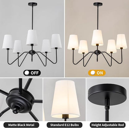 Modern Chandelier for Dining Room, 5-Light Farmhouse Pendat Light Fixture with White Fabric Shade,Black Hanging Light Fixture Over Table Ceiling Chandelier for Bedroom,Living Room,Hallway