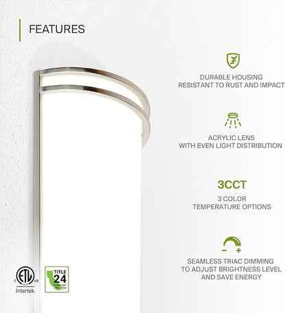 ASD LED Indoor Wall Mount Light Fixture - 14 Inch 20W Modern Interior Nickel Dimmable Wall Sconce Light - ETL 3000K 4000K 5000K Adjustable - Hallway, Bedroom LED Wall Lights