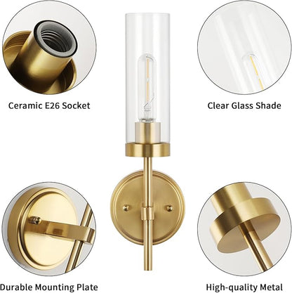 WILON Wall Sconces 2 pcs, Vanity Lights for Bathroom Sconces Wall Lighting with Clear Glass Shades, Vintage Antique Brass Wall Lamp for Mirror Bedroom Living Room Bedside Hallway, Brass Gold