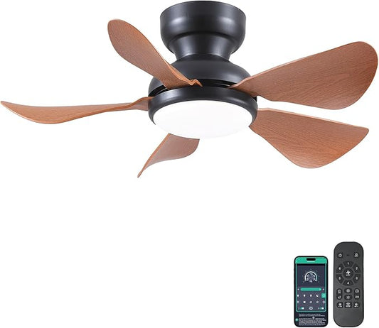 Kviflon 32 Inch Modern Ceiling Fans with Lights, Small Flush Mount Ceiling Fan with Light and Remote/APP Control, 5 Reversible 6 Speeds Curved Blades, 3 CCT Dimmable Lights for Kids Room, Brown