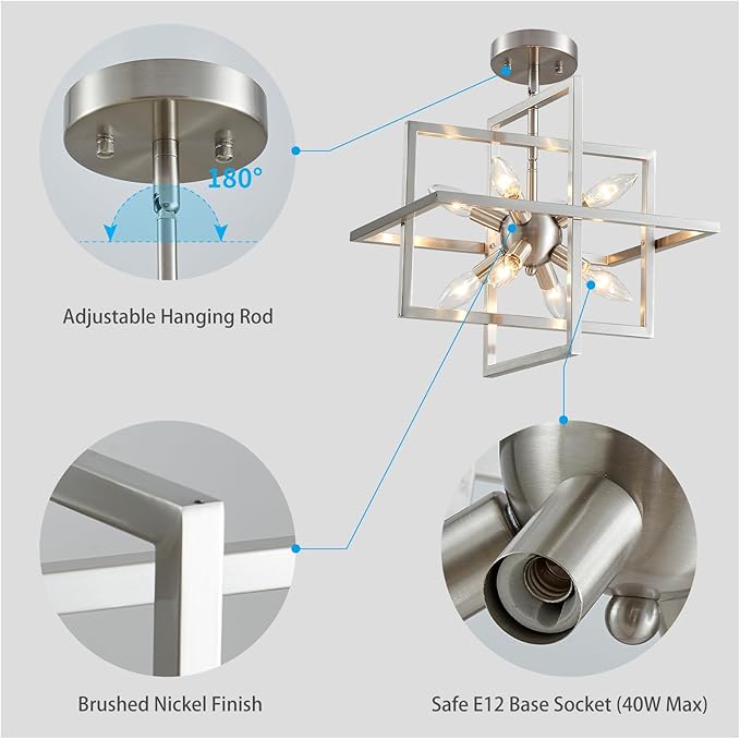 XINGQI 15“ Modern Chandelier 8-Light Brushed Nickel Geometric Pendant Lighting Farmhouse Ceiling Light Fixtures for Dining Room Living Room Kitchen Island Bedroom Hallway