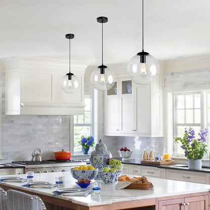 Modern Globe Pendant Light, 10" Mid Century Chandelier, Black Hanging Lights Fixtures with Clear Glass for Kitchen Island Dining Room Bedroom Hallway Foyer, Adjustable Height