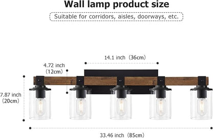 DUJAHMLAND Farmhouse Vanity Lights, 5-Light Wood Bathroom Wall Lighting with Clear Glass, Industrial Metal Wall Sconce for Bedroom, Kitchen, Hallway (Antique Wood, 5-Light)