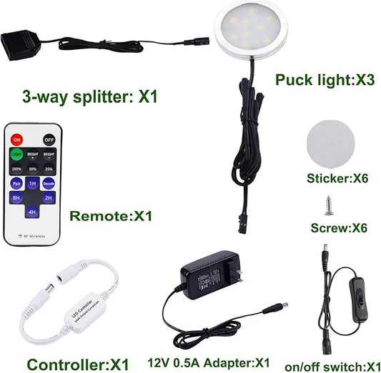 AIBOO Dimmable LED Under Cabinet Puck Lights 3 Lamps Kit with RF Remote Control for Home Kitchen Counter Lighting (Warm White 2700K)