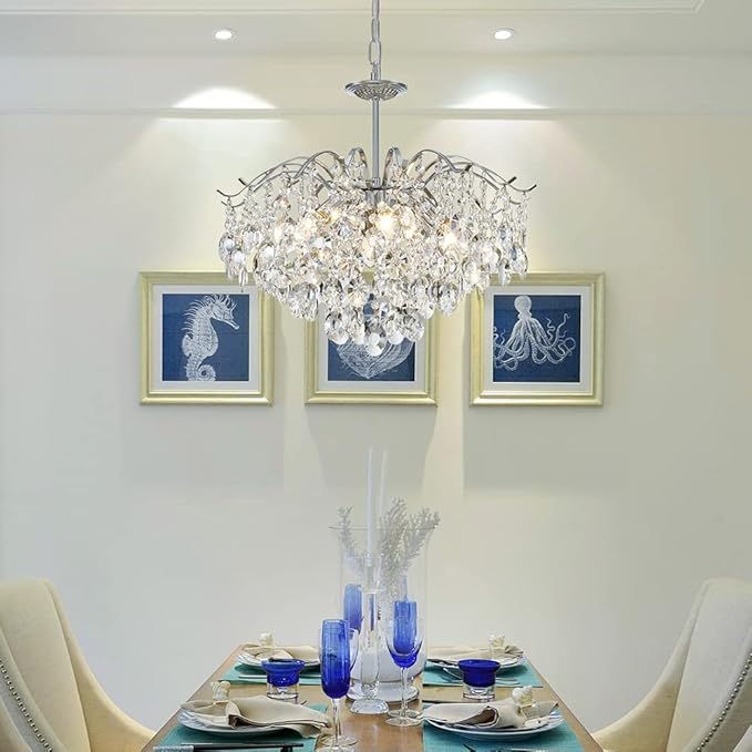 Saint Mossi Modern K9 Crystal Chandeliers, Middle Century Modern Design Chandelier Light Fixture for Dining Room, D20 x H17, Adjustable Chains 59", Chrome Finish Metal Frame