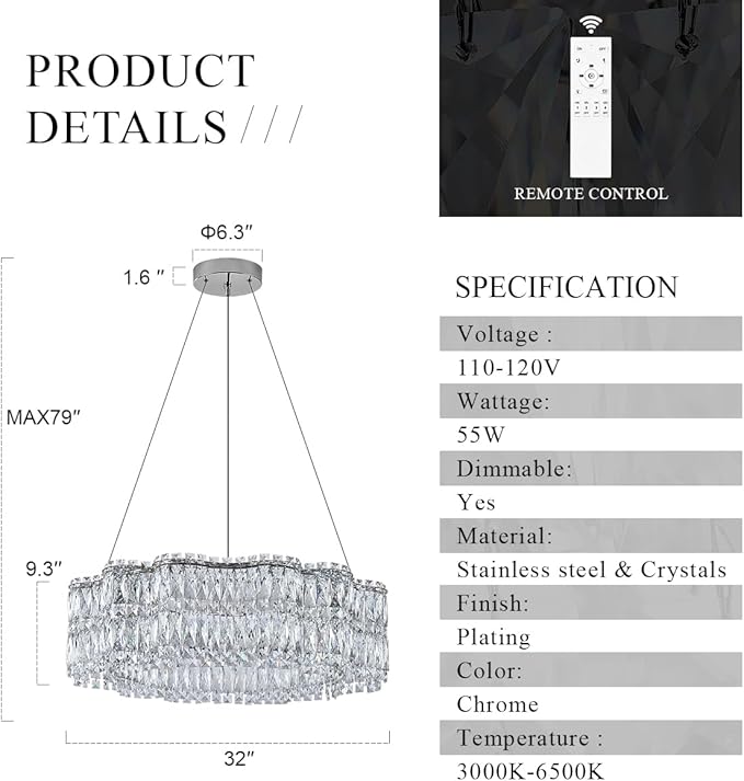 Modern Crystal LED Chandelier 32’’ with Remote Control Dimmable 3000-6500K Contemporary Chrome Luxury Chandeliers Light Fixture for Living Dining Room Bedroom Kitchen Island Foyer Entryway