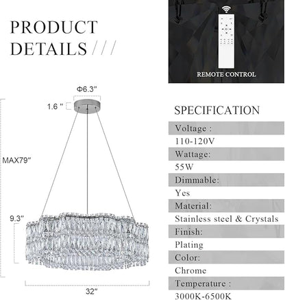 Modern Crystal LED Chandelier 32’’ with Remote Control Dimmable 3000-6500K Contemporary Chrome Luxury Chandeliers Light Fixture for Living Dining Room Bedroom Kitchen Island Foyer Entryway