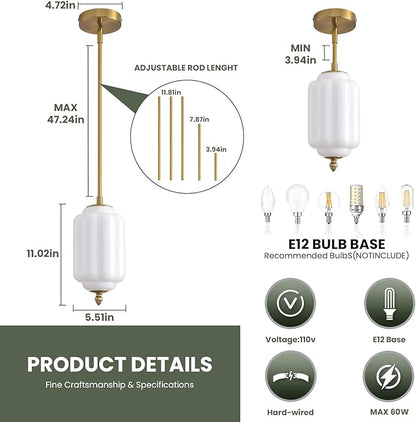Vintage Milk Glass Pendant Lights 5.5 Inch Mid Century Brass Hanging Ceiling Light, Small Adjustable Height Kitchen Island Hanging Lights for Dining Room, Kitchen, Hallway and Bedroom, E12 Base