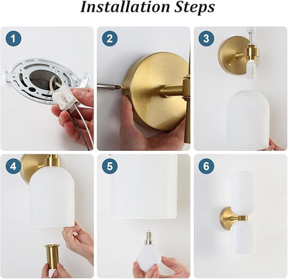 Modern Glass Wall Sconces- Double Head Wall Lighting with Long Short Glass Shades- Bathroom Vanity Light Mid-Century Up Down Hardwired Wall Lamp Indoor for Bedroom Hallway Living (Gold-White)
