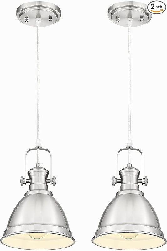 2-Pack Pendant Lights Kitchen Island, 8" Farmhouse Hanging Lights Fixtures with Metal Shade, Rustic Kitchen Pendant Lighting Over Island for Dining Room, Brushed Nickel, AD-2151-2PM-SN
