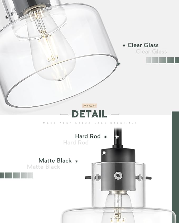 2 Pack Pendant Lights Kitchen Island, 6" Matte Black Pendant Light Fixtures Over Island with Clear Glass Shade, Modern Kitchen Island Lighting for Dining Room Entryway, PL124-MB-G-2PK