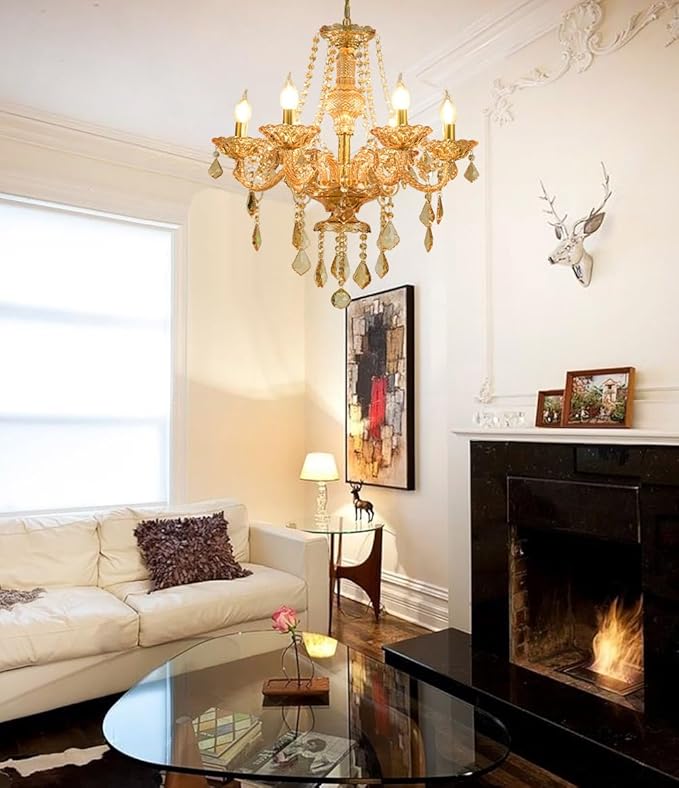 Luxury Amber K9 Crystal Chandelier 6-Light Candle Style Modern Pendant Ceiling Fixture Compatible with E12 Bulbs for Living Room Dining Room Bedroom Hallway Entry (6 Lights)