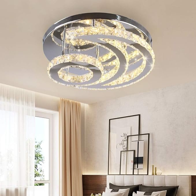 15.7" Modern LED Ceiling Light Flush Mount Crystal Chandelier Light Fixture Round Moon Shape Modern Chandeliers for Living Room Bedroom Bathroom Hallway(3 Color Changable)