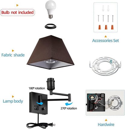 Swing Arm Wall Lamp.Plug in Wall Sconces with USB Port and AC Outlet.Sconces Wall Lighting Coffee Fabric Shade with Dimmable Switch for Hallway Bedroom Living Room.Black Finish.