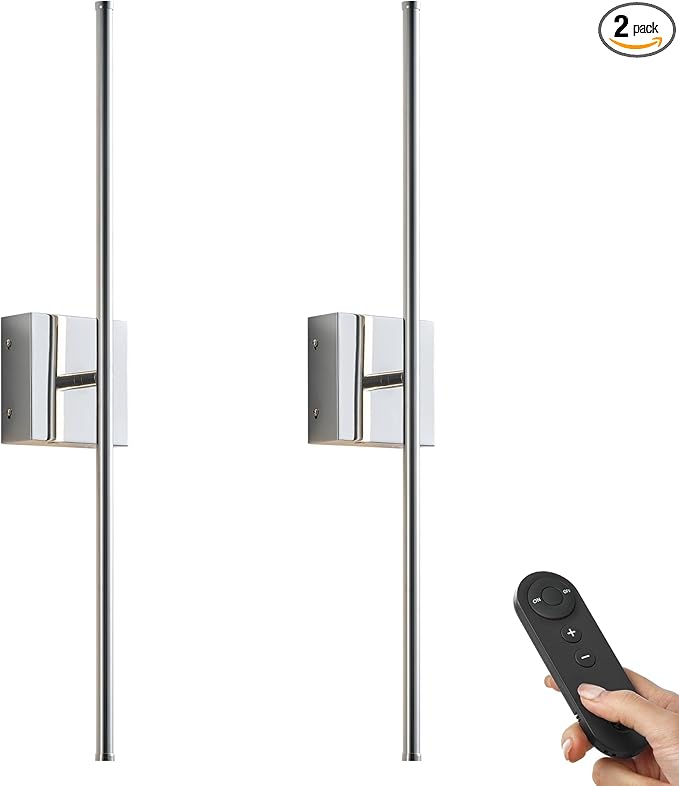KARTOOSH Battery Operated Wall Sconces with Remote Control, Dimmable Wall Sconces Set of Two, 350°Rotate, 3000K LED Chrome Wireless Wall Light for Living Room, Hallway, Bedroom, 28.3 Inch (2 Pack)