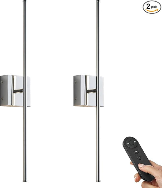 KARTOOSH Battery Operated Wall Sconces with Remote Control, Dimmable Wall Sconces Set of Two, 350°Rotate, 3000K LED Chrome Wireless Wall Light for Living Room, Hallway, Bedroom, 28.3 Inch (2 Pack)