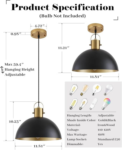 Black and Gold Pendant Light 2 Pack, 11.8 Inch Pendant Lights Kitchen Island, Dome Pendant Lights, Farmhouse Pendant Light for Kitchen Island, Dining Room, Living Room