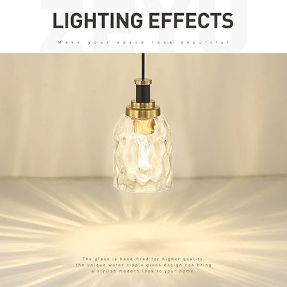 zeyu Glass Pendant Lights Kitchen Island, Kitchen Pendant Lighting Over Island with Water Ripple Glass, Modern Mini Hanging Light, Black and Gold Finish, ZG33M1L BK+BG-WG