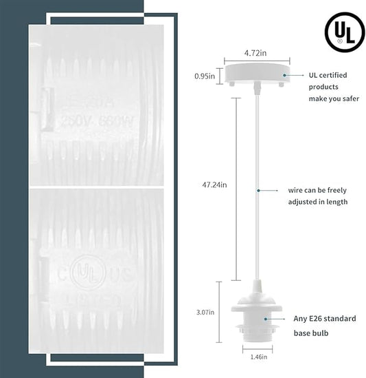 Industrial Mini Pendant Light Kit, Edison Retro Pendant, UL E26 Lamp Socket Vintage Pendant Light Cord, Mini Ceiling Hanging Light Fixtures, Adjustable Hanging Light Kit for Kitchen (White)
