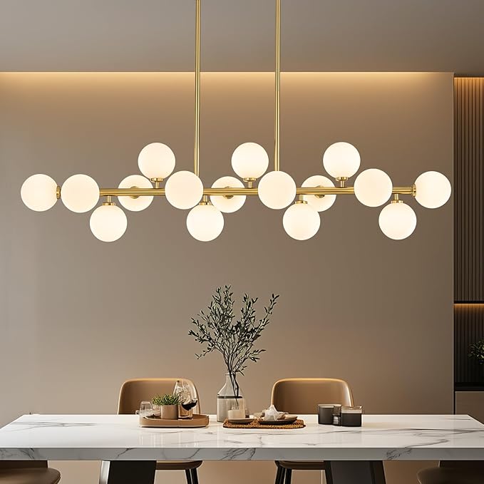55" Long Brass Gold Chandeliers for Dining Room Kitchen Island, Large Globe Sputnik Linear Chandelier, 16 Lights Mid Century Modern Light Fixture Over Table, Milk White Bubble, GC-08