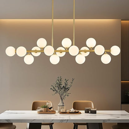 55" Long Brass Gold Chandeliers for Dining Room Kitchen Island, Large Globe Sputnik Linear Chandelier, 16 Lights Mid Century Modern Light Fixture Over Table, Milk White Bubble, GC-08