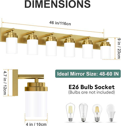 IZORRO Bathroom Vanity Light Fixture, 6-Light 46 Inch Gold Bathroom Light Fixtures Over Mirror, with White Glass Shade, Modern Farmhouse Vanity Lights, Rustic Restroom Lighting Fixtures