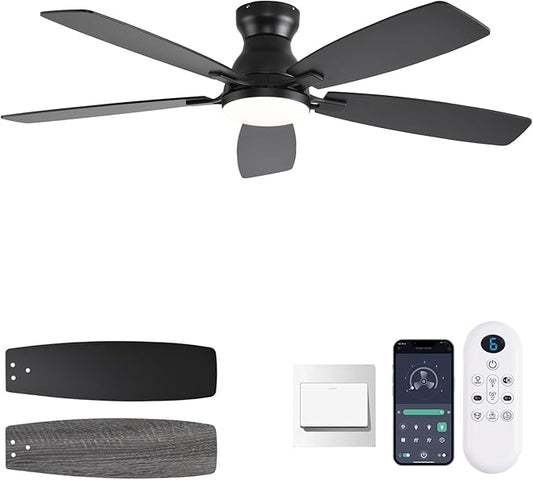 NKPU Ceiling Fans with Lights, Low Profile Ceiling Fan with Light and Remote/APP Control, DC Motor, Noiseless, Flush Mount, 52inch Black Ceiling Fan for Bedroom Indoor/Outdoor Use