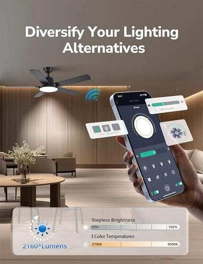 Orison Ceiling Fans with Lights, 52 inch Low Profile Ceiling Fan with RGB Backlight, Flush Mount Ceiling Fan with Remote and App Control,White Bedroom Fan, 6 Speeds, 5 Reversible Blades (Black)