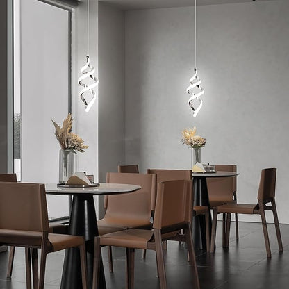 Modern Led Pendant Light Fixture, 15W Chrome Spiral Led Chandelier Hanging Lamp, 4500K Daylight White Pendant Lamp, Adjustable Height Pendant Light for Dining Room Bedroom Kitchen Island Cafe(2 Pack)