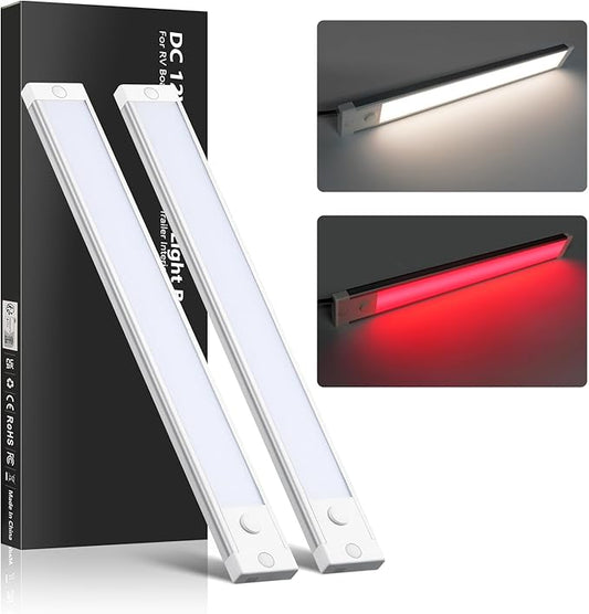 acegoo RV Dimmable Under Cabinet LED Lighting 12V Linear Light Bar with Integral On Off Dimming Switch & Red Night Light, Screw Mount Hard-Wired CRI90+ (12 Inches Natural White 2PCS)