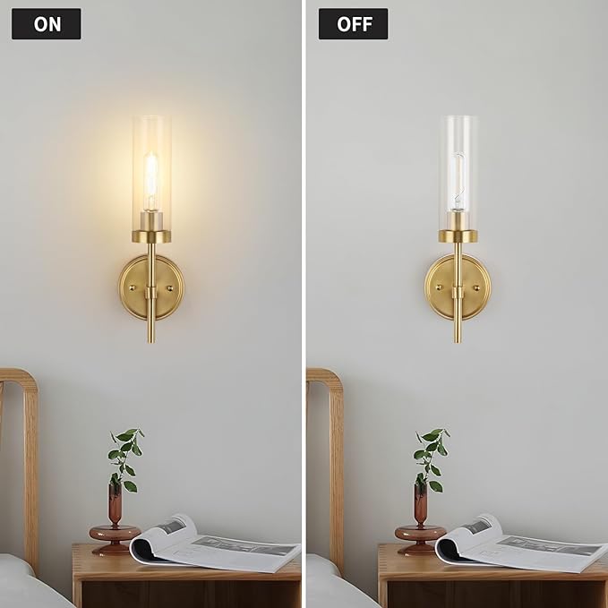 WILON Wall Sconces 2 pcs, Vanity Lights for Bathroom Sconces Wall Lighting with Clear Glass Shades, Vintage Antique Brass Wall Lamp for Mirror Bedroom Living Room Bedside Hallway, Brass Gold