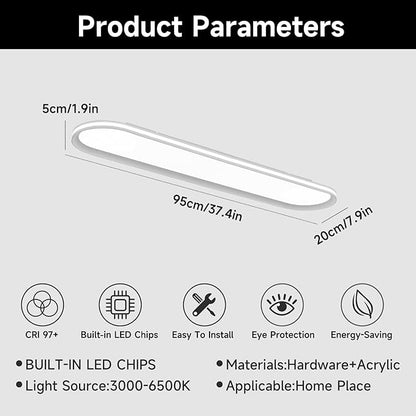 37.4" Metal LED Ceiling Light,Slim, Edge Lit - 55W Full Spectrum Linear Ceiling Lamps,6500K Cool White Modern Ultra Thin Low Profile Light Fixture for Kitchen, Garage Home & Office Hallway