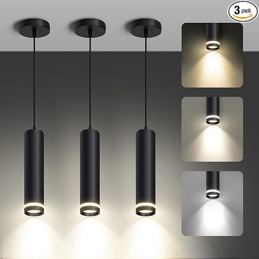 OKELI Modern Pendant Lights, Black LED Pendant Lights Fixtures,3 Color Pendant Lighting for Kitchen Island, Bar,12W,3000K-6000K,ETL(3pack)