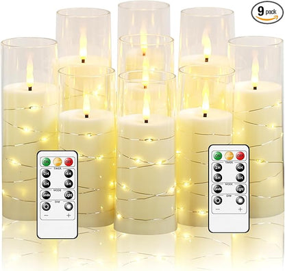 Nimiko Flickering Flameless LED Candles,Battery Operated Candles 9 Pcs with Embedded Star String,Acrylic LED Pillar Candles with Remote,Suitable for Home Decoration to Create an Atmosphere (Ivory)