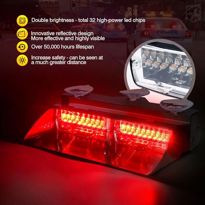 Xprite 2×11 inch High Intensity Red 32 LED Emergency Strobe Dash Lights, Interior Windshield Flashing Volunteer Firefighter Light w/Suction Cups for Vehicles Trucks