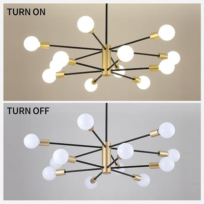 AMZASA Sputnik Chandeliers Ceiling Light Fixture, 12 Lights Modern Farmhouse Chandelier Black and Gold Mid Century Pendant Light for Dining Room, Living Room, Kitchen Island Entryway Foyer, UL Listed