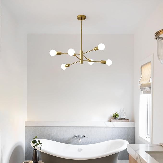 HHR Modern Chandelier Ceiling Light Fixture, 6-Light Brushed Gold Sputnik Chandelier for Kitchen Island Bedroom Living Room, 26-Inch Mid Century Dining Room Light Fixture Over Table, E26
