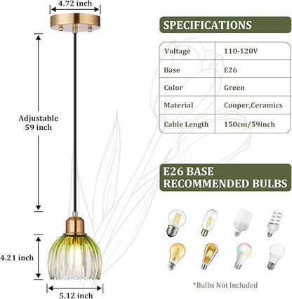 TALOYA Pendant Light with Green Tulip Glass Lampshade, Brass Vintage Pendant Light Adjustable Hanging Light for Kitchen Island Bedroom Dining Room Hallway& Bar