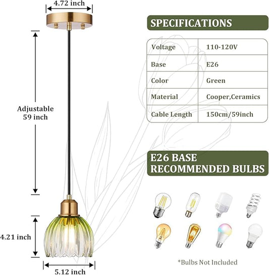 TALOYA Pendant Light 3 Pack with Green Tulip Glass Lmapshade, Brass Vintage Pendant Light Adjustable Hanging Light for Kitchen Island Bedroom Dining Room Hallway& Bar