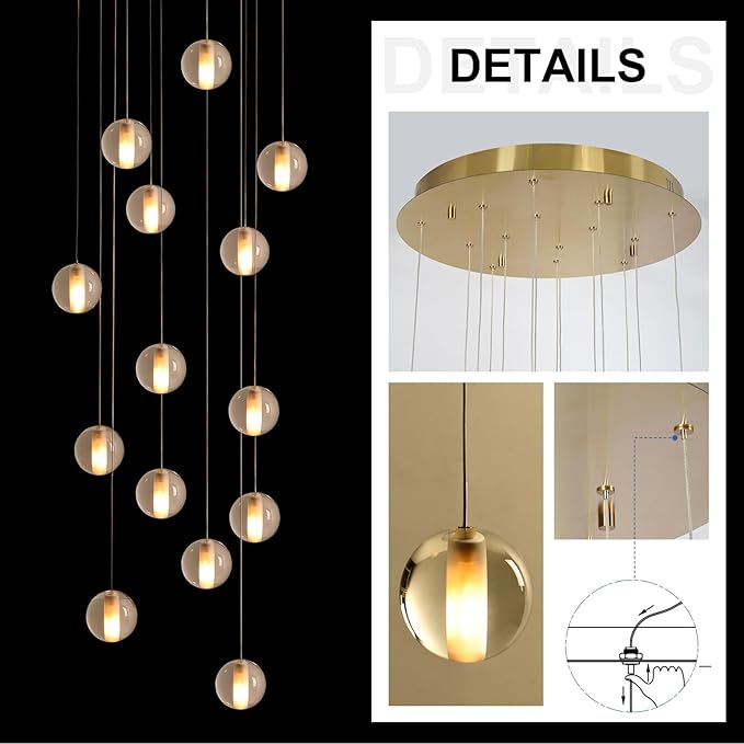 14 Lights Staircase Chandelier for High Ceiling, Dimmable Modern Crystal Raindrop Large Long Hanging Pendant Light for Stairwell Living Room Stair Foyer, Bulbs Included (Gold Canopy)