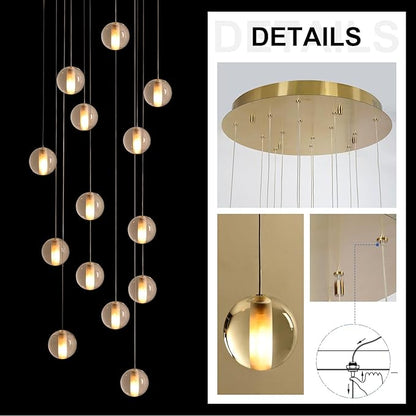 14 Lights Staircase Chandelier for High Ceiling, Dimmable Modern Crystal Raindrop Large Long Hanging Pendant Light for Stairwell Living Room Stair Foyer, Bulbs Included (Gold Canopy)