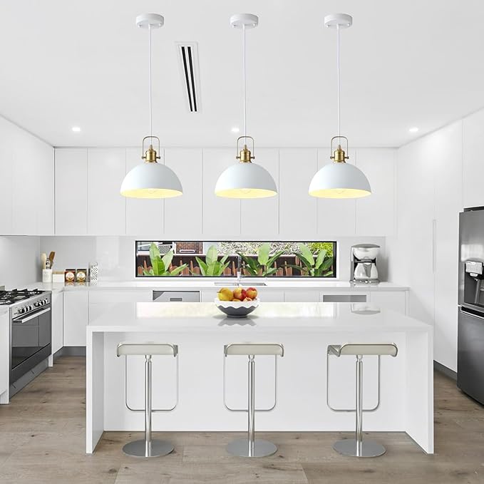 Matte White Pendant Lights Kitchen Island 3 Pack, Modern Farmhouse Hanging Light Fixtures with Gold Interior, Hardwired Metal Ceiling Lighting Over Sink Dining Room