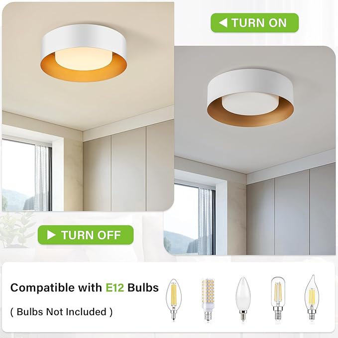 Yiisem Modern White and Gold Flush Mount Ceiling Lights, Glass Round Ceiling Lighting, Minimalist Drum Close to Ceiling Light Fixtures for Bedroom, Dining Room, Bathroom, Hallways, Living Room